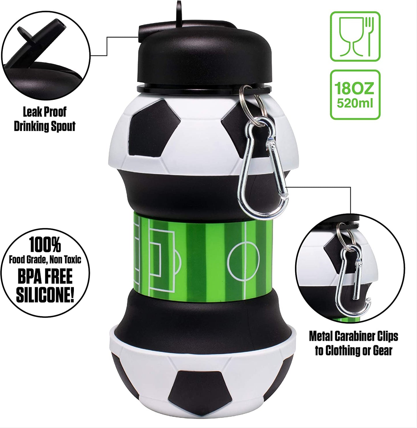 Silicone Foldable Water Bottles-Soccer KiwiBunnyCo